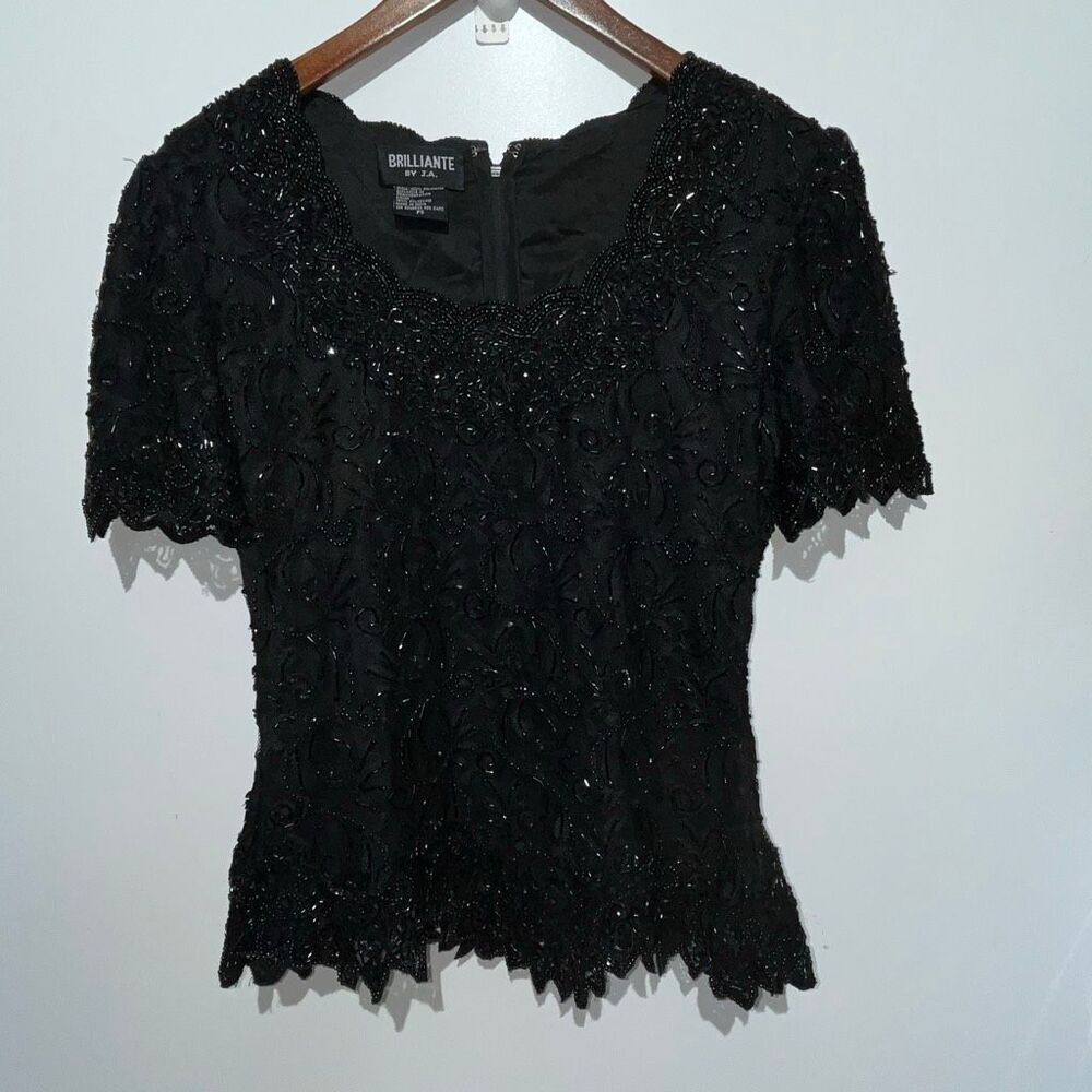 Brilliante By J.A Women's Black Beaded Round Neck Short Sleeve Blouse Size‎ PS